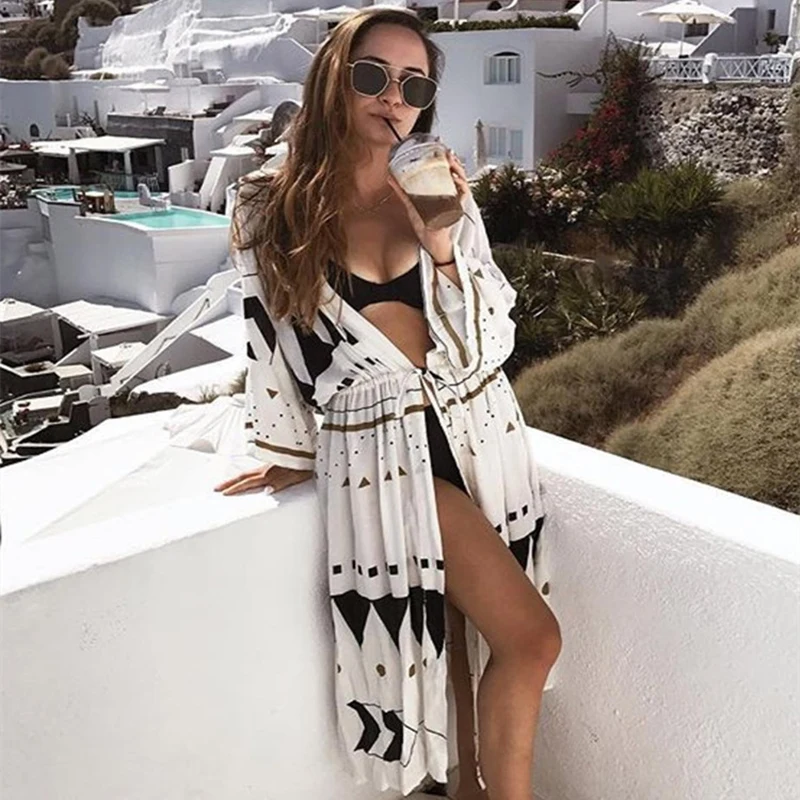 Swimsuit Cover Up 2018 Women Pareo Beach Dress Wears Print Loose Long Dress Beach Cardigan Bathing Suit Beach Cover Ups vintage wintersweet print pin up dress