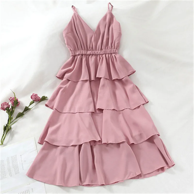 

New Women Summer Dress Sexy V-Neck Ruffle Spaghetti Strap Dresses Female Sleeveles Long Cake Dress Beach Sundress Vestidos A1388