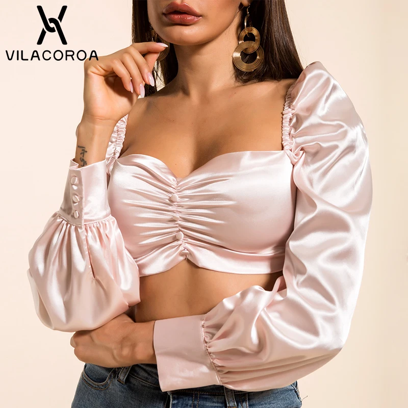 

Harajuku Kawaii Women Pink T Shirt Girl Button Crop Top Puff Long Sleeve Feminist Streetwear Satin Top Tee Shirt chemise femme