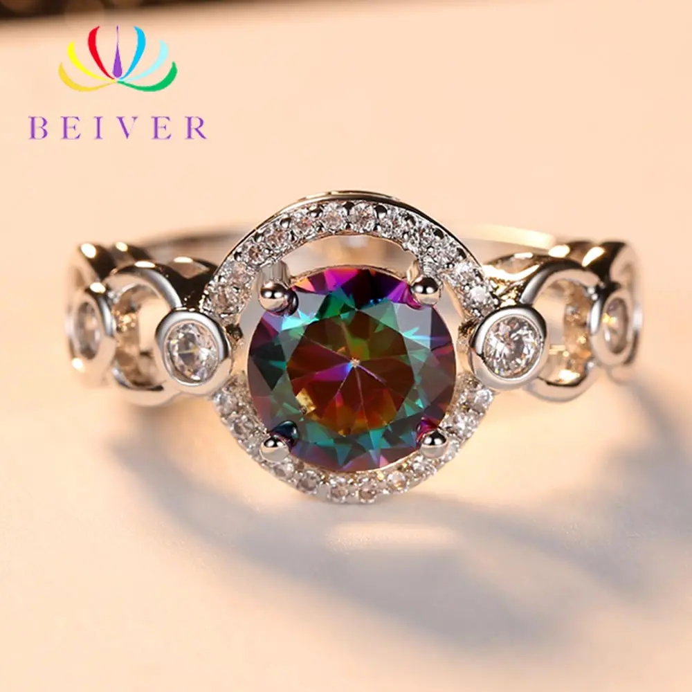 

Beiver 2019 New Arrival White Gold Color Rainbow Round Zircon Promise Wedding Flower Rings for Women Party Jewelry Ladies Gifts