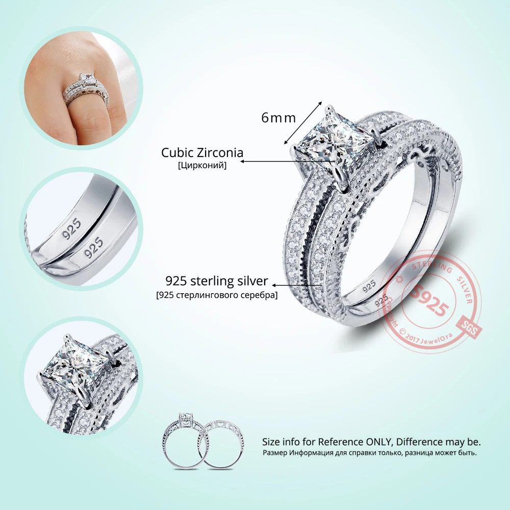 Luxurious Engagement 6mm Square Cubic Zirconia Wedding Ring Bridal Sets 925 Sterling Silver Rings For Women (JewelOra RI101614)