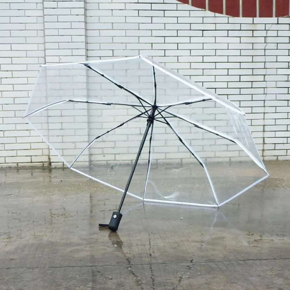 Compact Fully Automatic Umbrella Three Folding Clear Windproof Umbrellas Women Men 8 Rib Rainproof Transparent Umbrella Gift