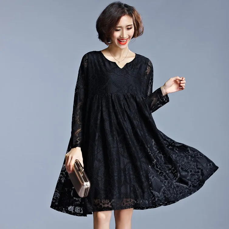 Summer Plus size lace women dress one piece dresses v neck long sleeve chiffon A line one piece