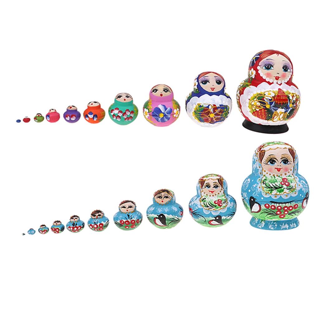 10 Pieces Wooden Babushka Russian Nesting Doll Hand Painted Colorful Flower