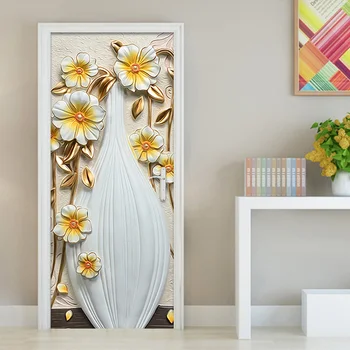 

European Style Relief Yellow Flowers Vase Wallpaper Self Adhesive Wallpaper PVC Waterproof Home Decor Door Mural 3D Wall Sticker