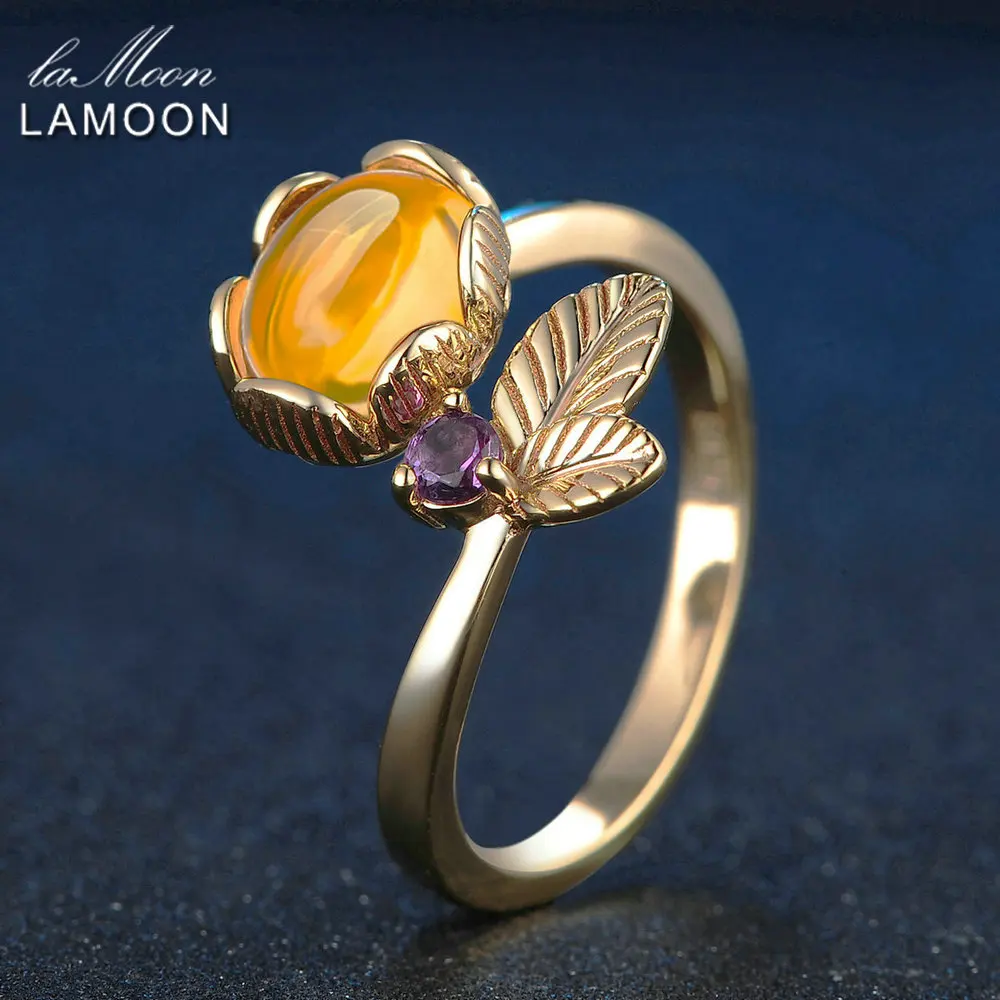 

LAMOON Amber Rings Flower Plants 7mm 2ct Natural Oval Citrine 925 Sterling Silver Fine Jewelry Women Wedding Ring ChALkeR Gifts