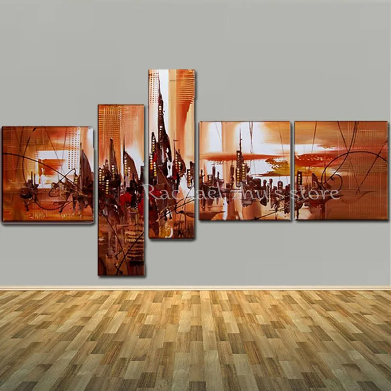 

Large Hand Painted Abstract Cityscape Landscape 5 Panles Oil Paintings On Canvas Wall Art Picturers For Living Room Home Decor