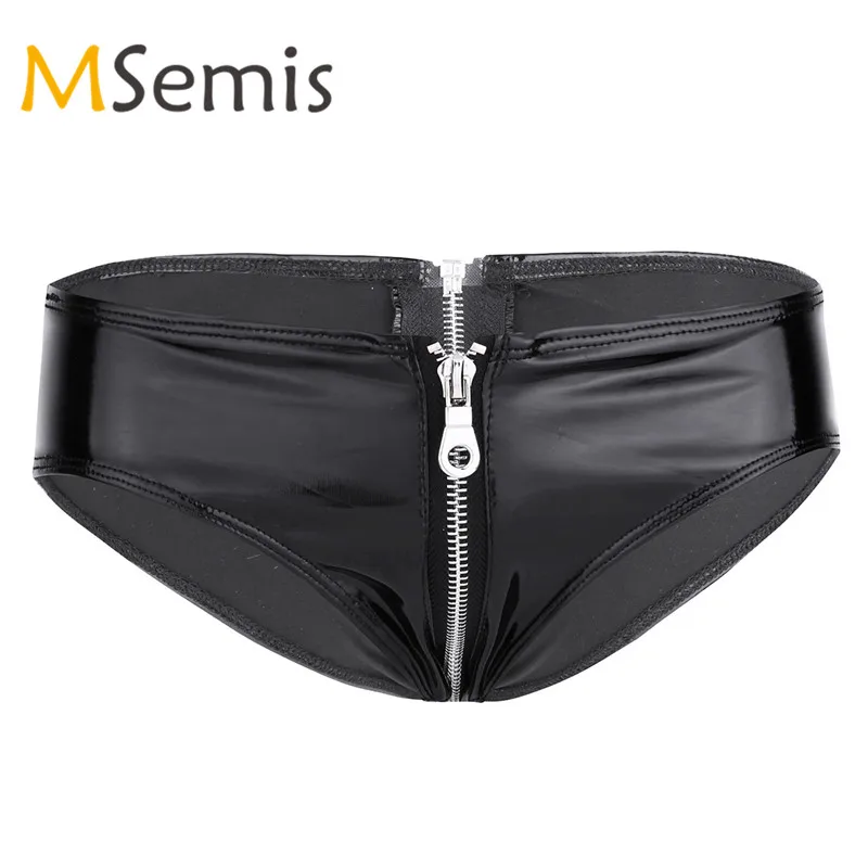 

Women's Bikini Swimsuit Lingerie Briefs Swimwear Shiny Patent Leather Zipper Crotch Underwear Low Rise Bikini Swimming Trunk