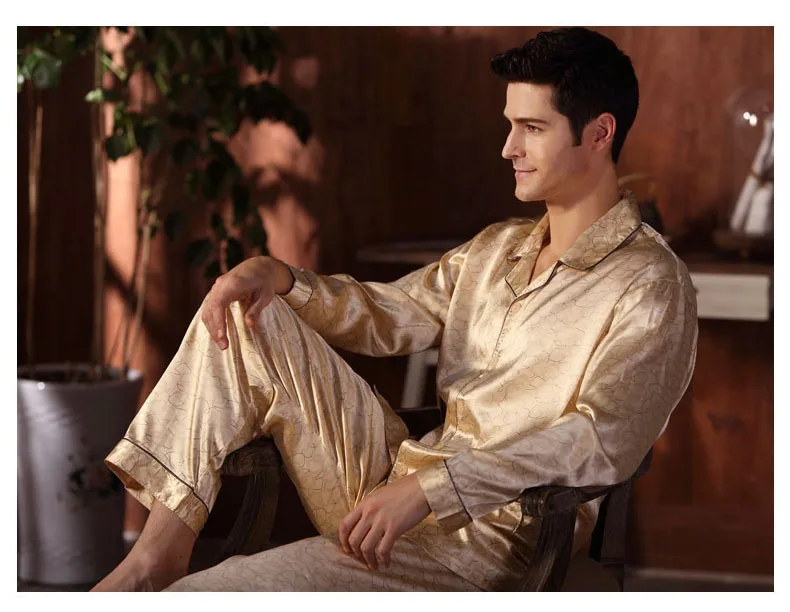 CherLemon Премиум шелковая атласная Мужская пижама Классическая ночная рубашка с длинными рукавами на пуговицах мягкая Осенняя Пижама M-4XL