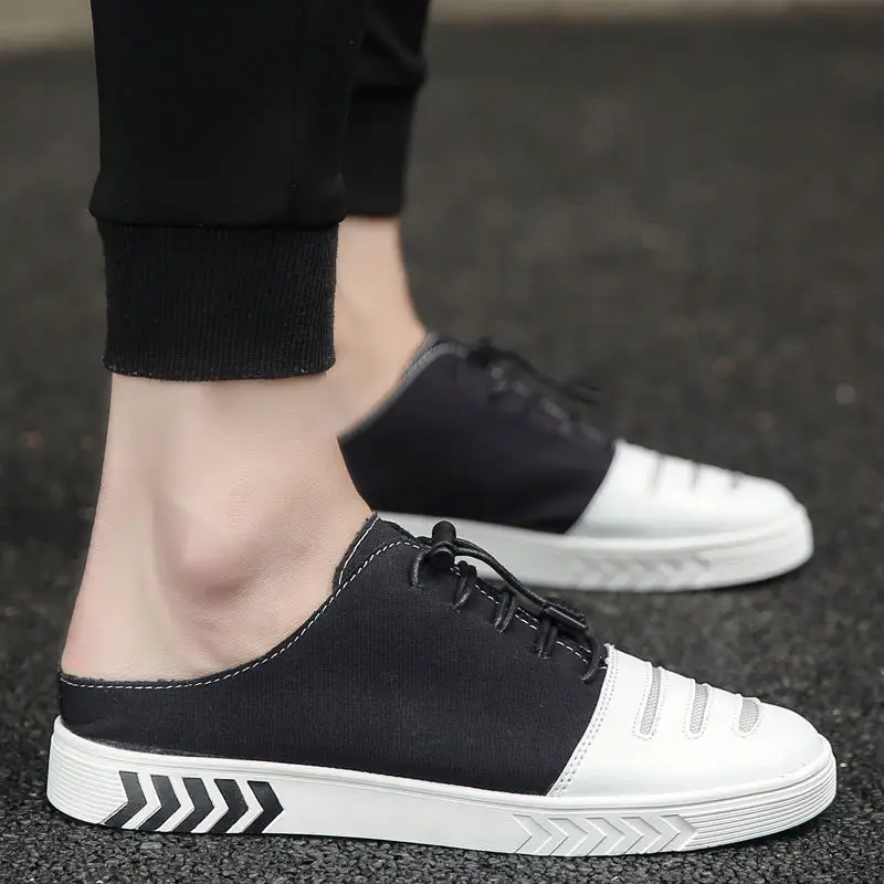 

YOUBROER Summer Half Slipper Canvas Bean Shoe Does Not Have Heelless Breathable Recreational Shoe Men's Shoe