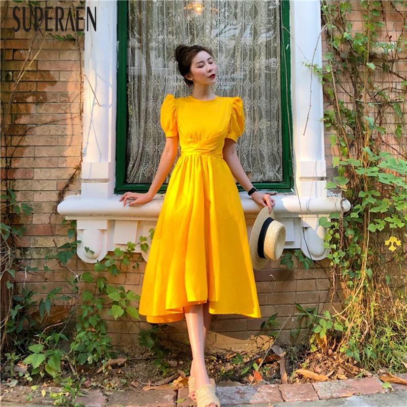 

SuperAen Puff Sleeve Women Dress Short Sleeve Cotton Casual Ladies Dress Summer New 2019 Solid Color Women Clothing