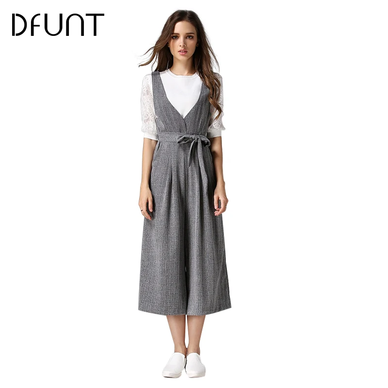 Deep V-Neck Bowknot Plain Wide-Leg Jumpsuit