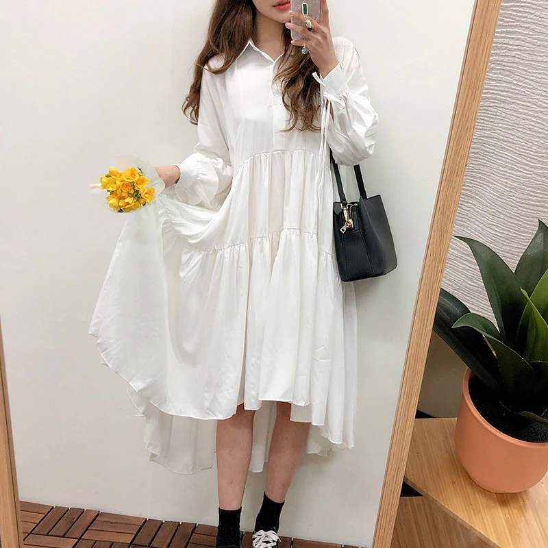 

[EWQ] 2019 Summre New Pattern Sweet Style Irregular Hem Long Lantern Sleeve Solid Color All-match Lapel Collar Shirt Dress AF809