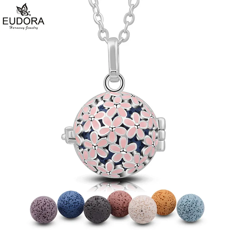 

Eudora Smart Pink Floral Harmony Floating Locket 18mm with Volcanic Lava Stone Ball Women Aroma Diffuser Locket Pendant Necklace