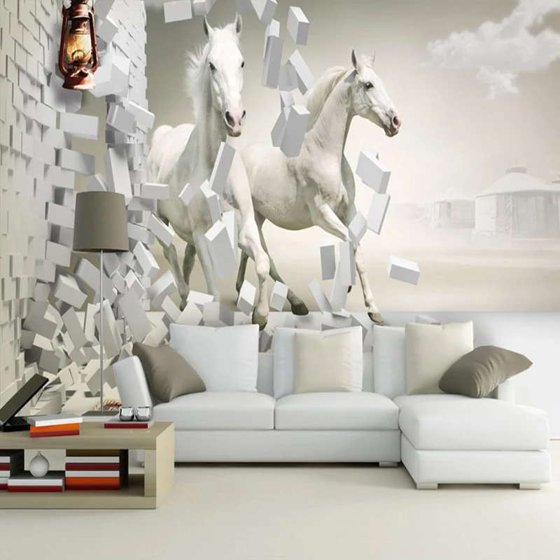 

Custom 3D Photo Wallpaper Non-woven 3D White Horse Large Wall Painting Mural Wallpaper Living Room Sofa TV Wall Murals Decal 3D