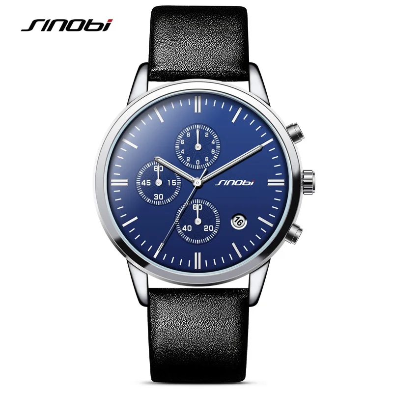 Reloj hombre SINOBI классические водонепроницаемые часы мужские модные наручные часы мужские кожаные часы с хронографом простые спортивные часы Geneva - Цвет: 11S9629G01