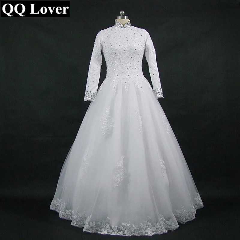 QQ Lover свадебное платье с высоким воротом и длинным рукавом, кружевное расшитое блестками аппликация, мусульманские свадебные платья с реальными фотографиями