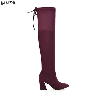 

QZYERAI Black Gray Womens Micro Suede Thigh High Boots Block Thick Heel Stretch Over the Knee Boots for Woman Plus Size
