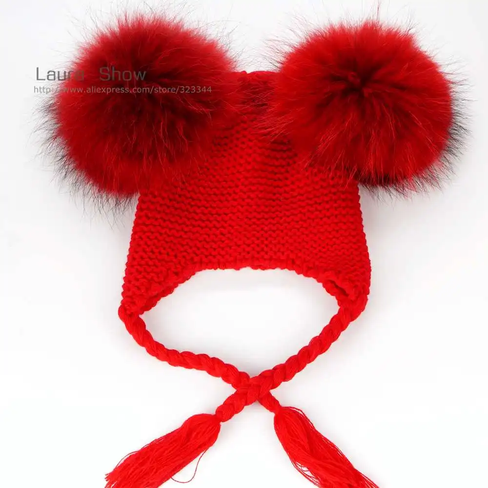 Aurashow/Новинка; осенне-зимняя детская шапочка с подкладкой; 16 см; помпоны из натурального меха; теплая шерстяная шапка для сна; детская одежда; аксессуары; шапка - Цвет: red pom