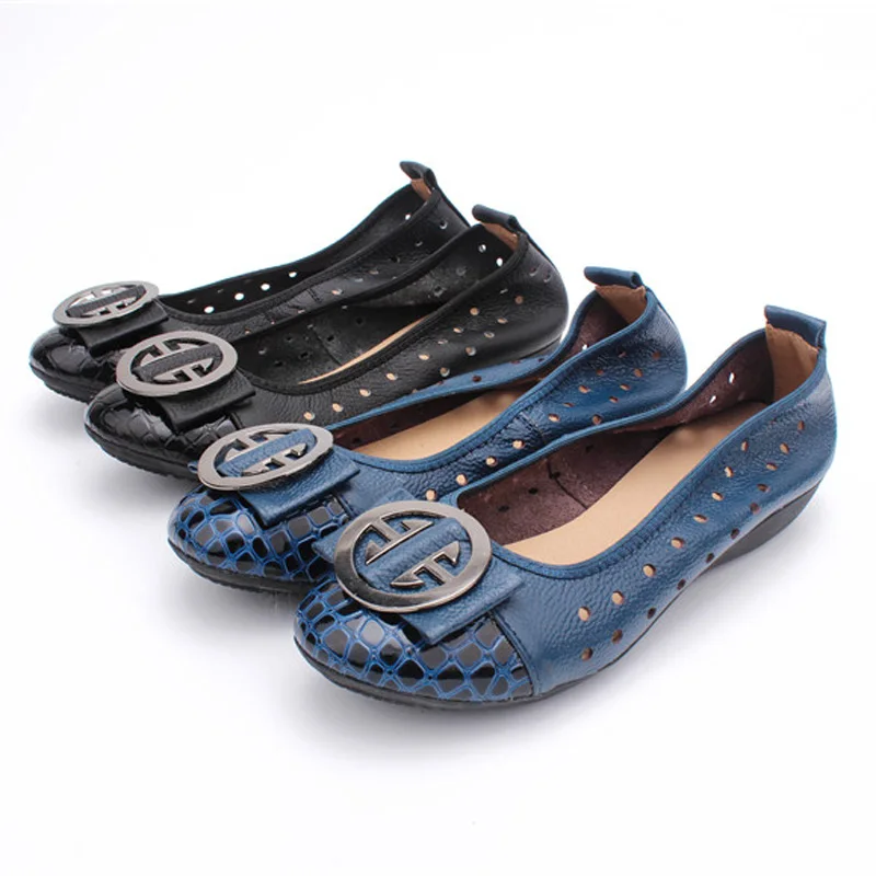 Summer Flat Casual Shoes Women Round Toe Leather Ballet Flats Soft Bottom Mother Female Ballerina Shoes Sandals Holes Moccasins (9)