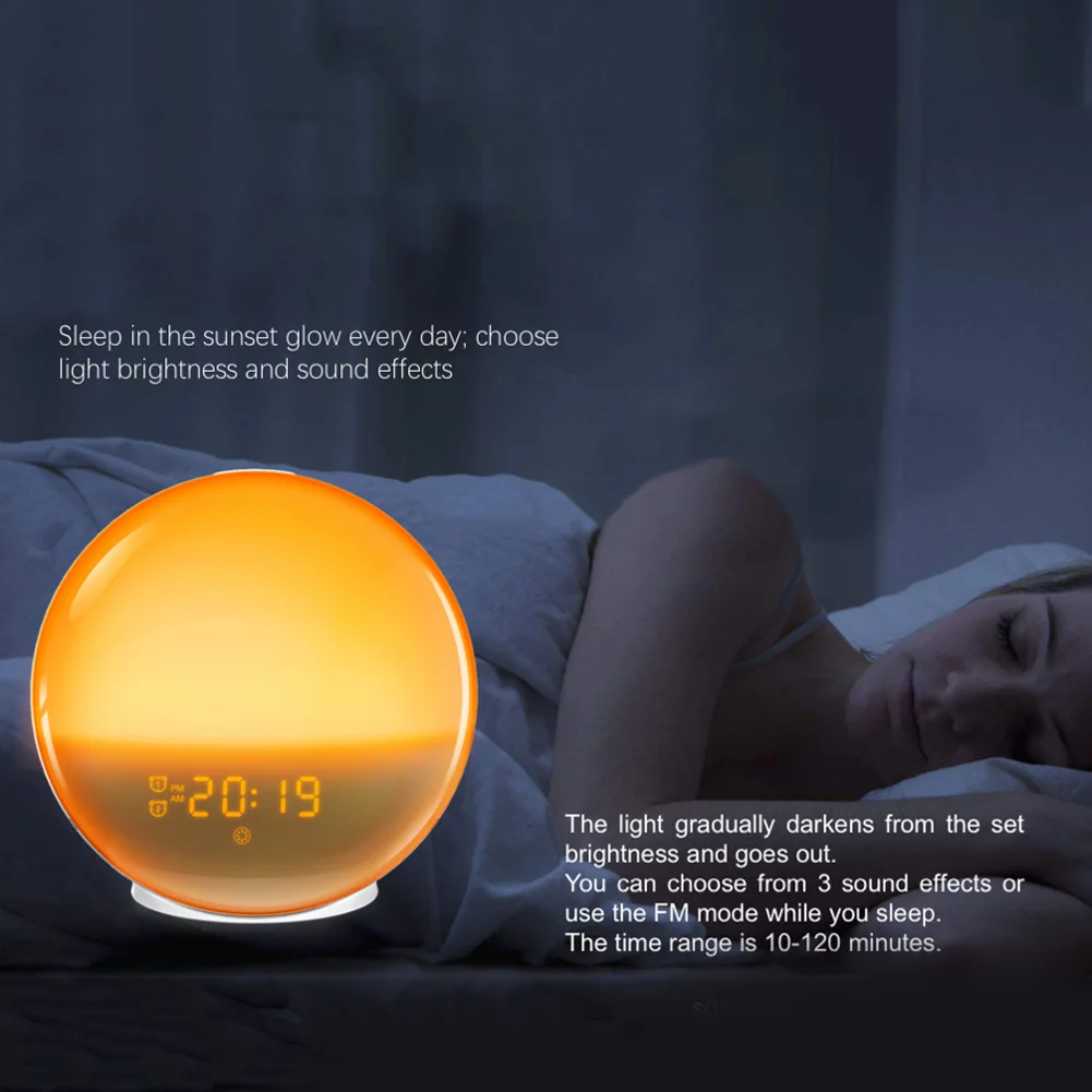 

LED Light Alarm Clock Sunrise Simulation Sleep Aid with FM Radio Snooze Clock for Bedroom @LS