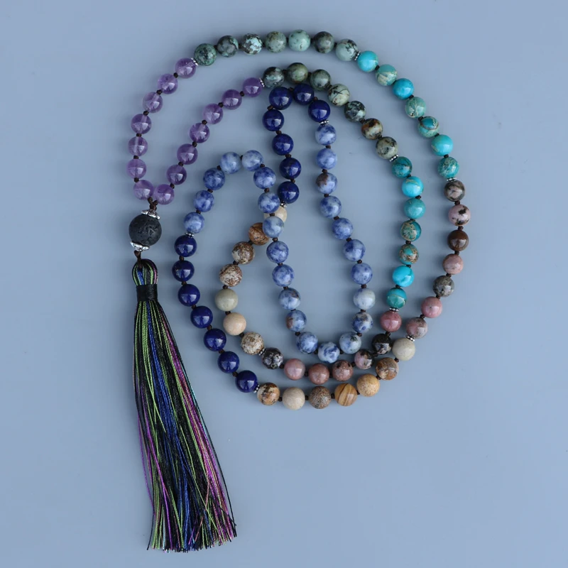 

EDOTHALIA Classic 7 Chakra Multicolor Natural Stone Mala Women Necklace Meditation Yoga Jewelry Long Tassels Bead Necklace