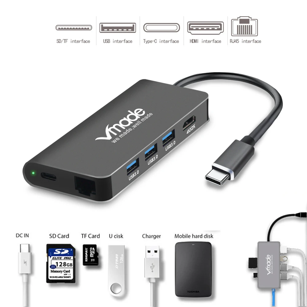 Vmade 8 in1 USB tipo C 31 HUB para tipo C a USB 3/30/4 K HDMI/RJ45 Ethernet/Micro SD TF lector de t