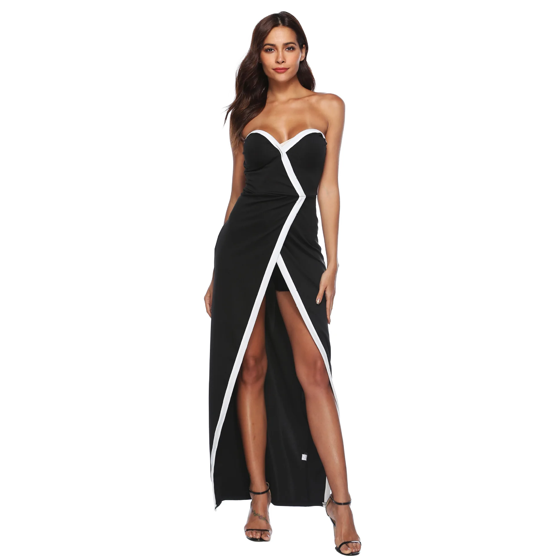 Sexy Club Party Wear Bodycon Dresses Women Deep V Neck Front High Slit Strapless Slash Neck