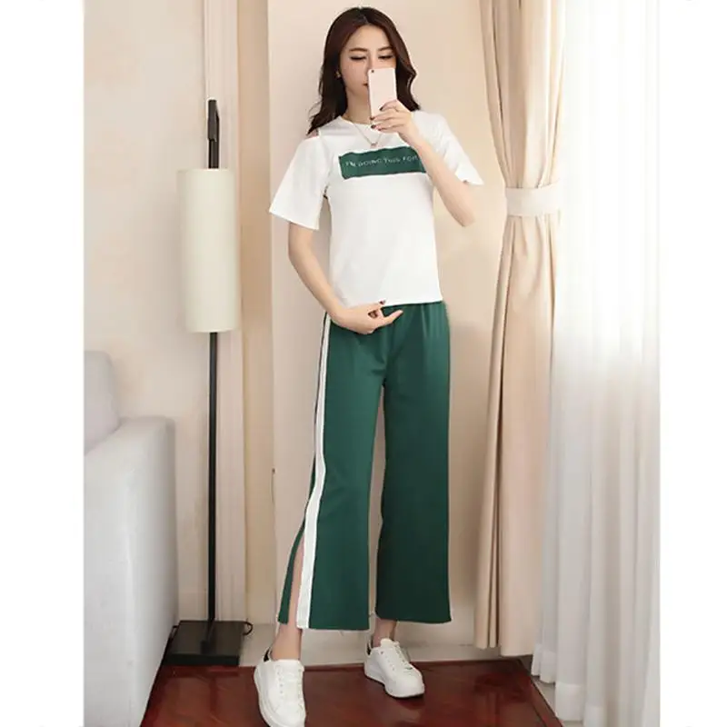 Yfashion 2pcs Female Casual Summer Set Women T-shirt + Wide-leg Spliting Trousers Two Piece Sports Style Clothes | Женская одежда