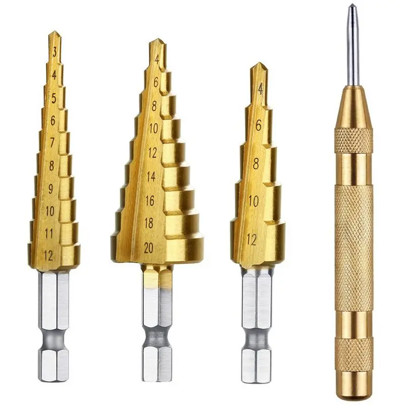  3 pcs HSS Titanium Step Drill Bit Set & 1 pcs Automatic Center Punch