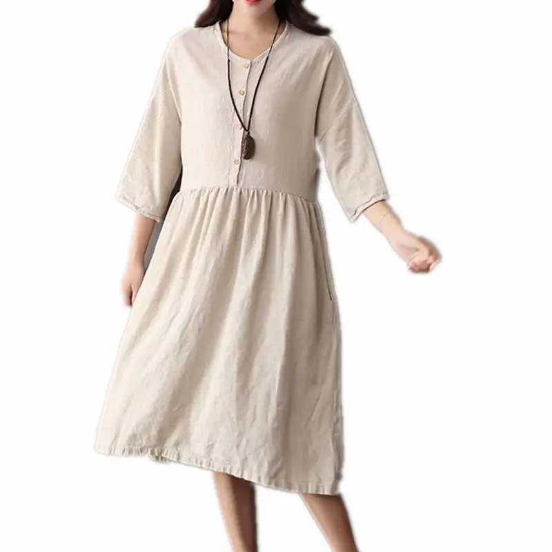 Buy 2016New Mori Girl Beige Shirt Dress 40 Linen 60