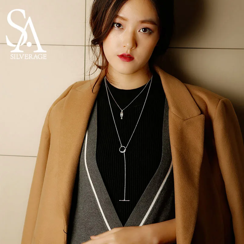 

SA SILVERAGE 925 Sterling Silver Pendant Necklaces Wheat Circle Long Sweater Chian Fine Jewelry Women 2016 New 11.11 Gift