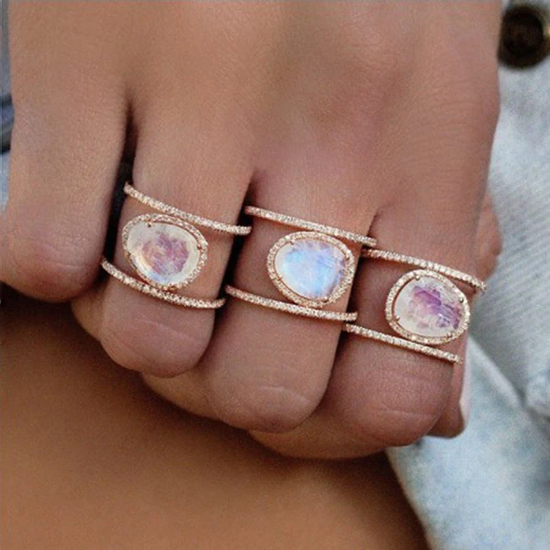 

SHUANGR Delicate Crystal Water Drops Opal Rose Gold Ring Bohemian Retro Party Wedding Rings Jewelry Accessories bijoux femme