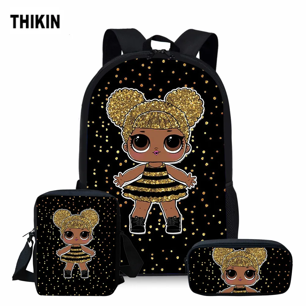 

THIKIN Casual Pretty Doll Cute Print School Bags 3pcs/set for Teen Girls School Backpack Cartoon Pattern Bookbag Lovely Satchel