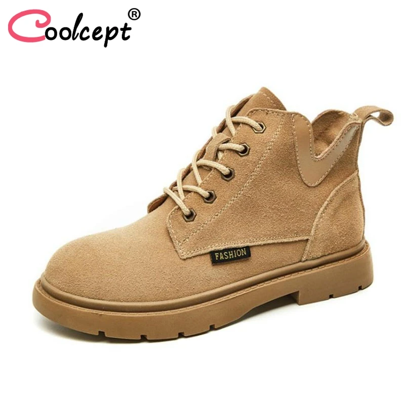 

Coolcept Women Real Genuine Leather Ankle Boots Lace Up Round Toe Shoes Women Cool Vintage Thick Heel Footwear Size 35-40