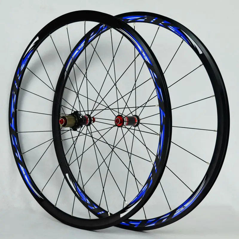 700C колеса из углеродного волокна для шоссейного велосипеда Велосипедное колесо светильник с дисковыми тормозами V/C тормоза Вт, 30 Вт, 40 мм обод прямая открывания консервной банки из нержавеющей стали спиц - Цвет: black hub blue 30MM