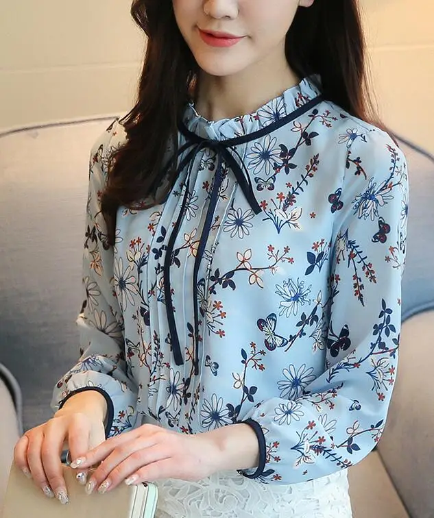 

2019 Autumn New Arrival High Quality Fashion Bowknot Stand Collar Flower Printed Long Sleeve Woman Chiffon Blouse Sky Blue