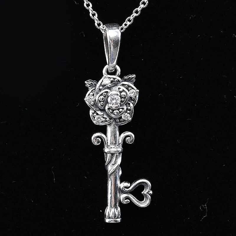 

Real 925 Sterling Silver Vintage Rose Key Original Europe Necklace With Clear CZ For Women Charm Bead Gift DIY Jewelry