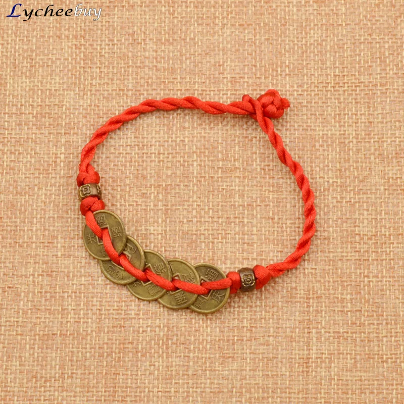 Chinese Traditional Feng Shui Red String Bracelet Wealth Lucky Copper Coins Charm Pendant