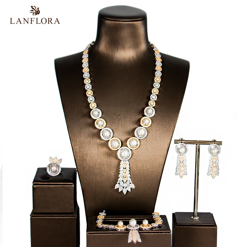 LANFLORA Новые Роскошные Жемчужные циркониевые Ювелирные наборы невесты для