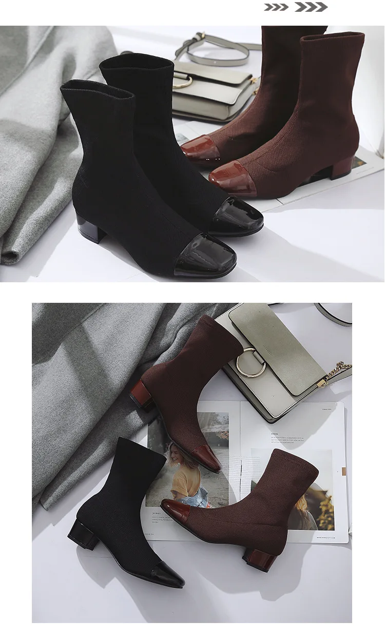 NEW Fashion Female mid calf Sock Boot Chunky Mid Heel Stretch Knit Bootie Elastic Square Toe Sexy Lady Shoe Women Brown Footwear