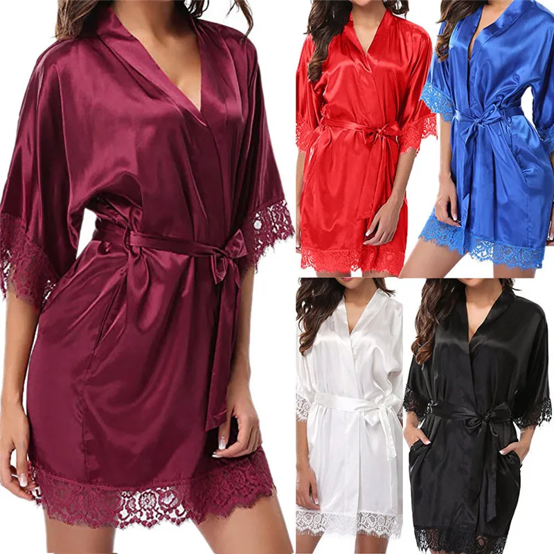 

Women Sexy Lace Sleepwear Satin Nightwear Lingerie bathrobe