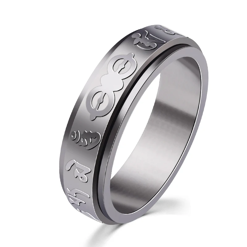 

Fashion Silver Color Titanium Steel Ring for Men Rotatable Buddhist Spinning Mantra Letter Ring Religious Finger Male Jewelry