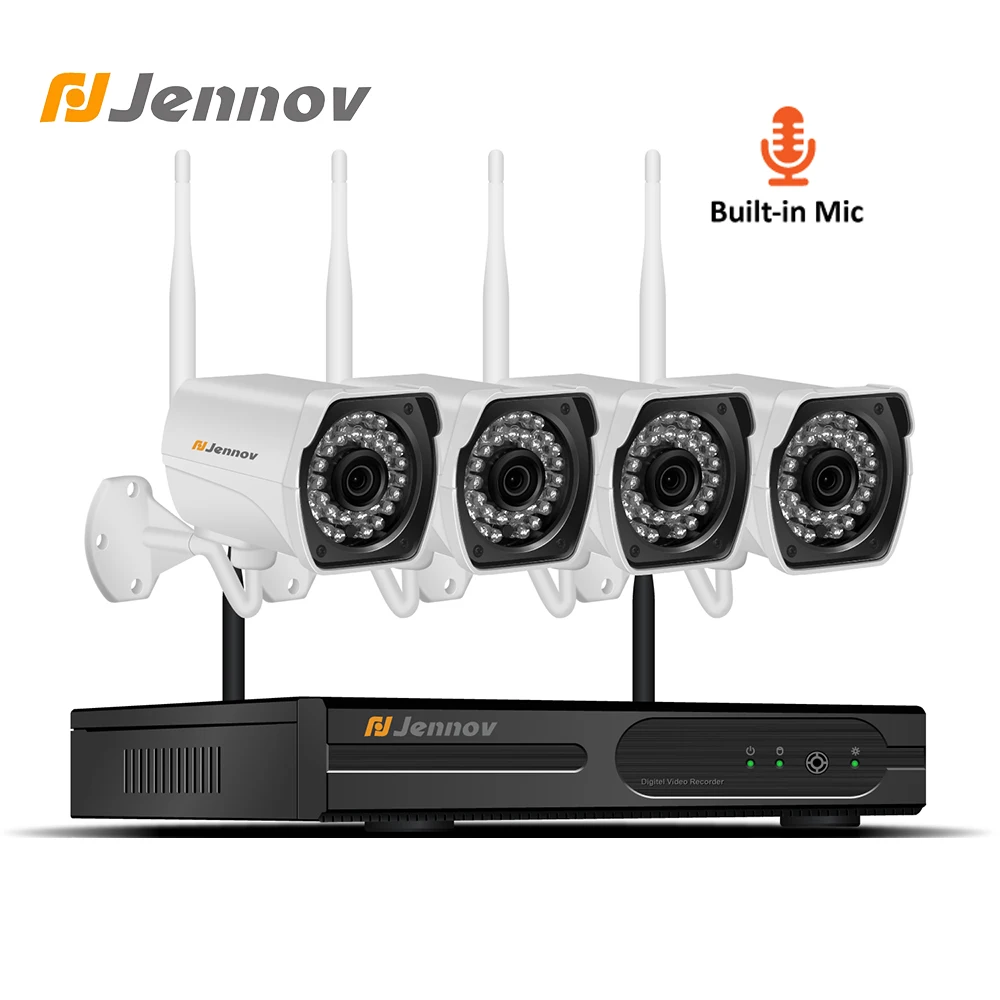 

Jennov 4CH Wireless NVR CCTV Kit Audio Surveillance Camera CCTV System 1080P HD 2MP Security Camera System WIFI IP66 Night View