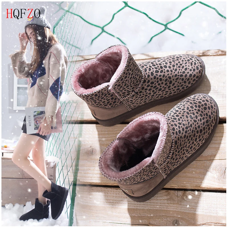 

HQFZO Brand Winter Warm Snow Boots 2018 New Leopard Women Botki Women Boots Platform Flat Rubber Plush Insole Fur Shoes Woman