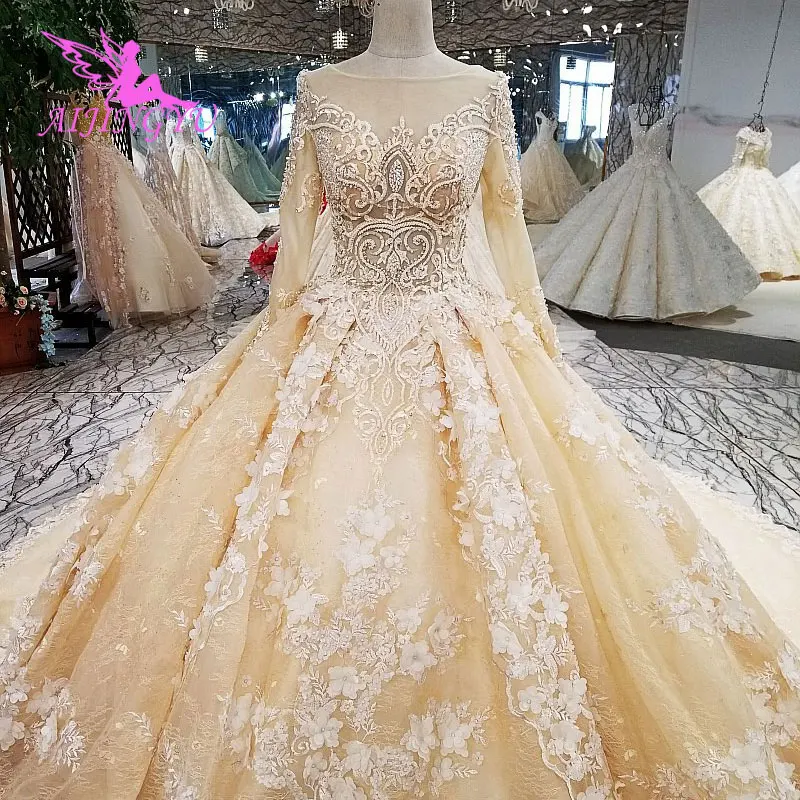 AIJINGYU Винтаж невесты платье цветочный Lades пришить Кристалл бусины Американский длинные платья с рукавами с Цвет Свадебные платья