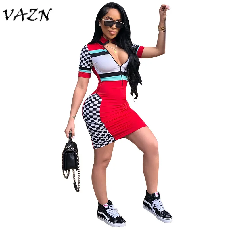 

VAZN Fashion Style Ladies 2018 Summer Sexy Party Women Dress Print Zippers Women Mini Dress 3425