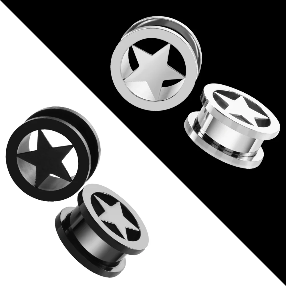 

Showlove--1Pair Stainless Steel Star Ear Tunnel Plug Gauges Earlet Ear Expander Ear Stretchers Rings Body Piercing Jewelry