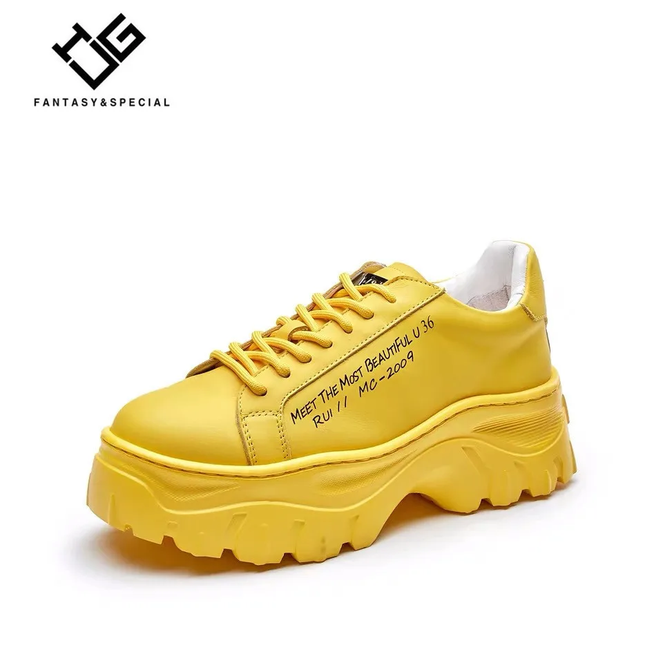 

IGU Plateforme Sneakers Women 2019 Yellow Genuine Leather High Platform Vulcanized Shoes Sneakers Creeper Thick Sole Dad Shoes