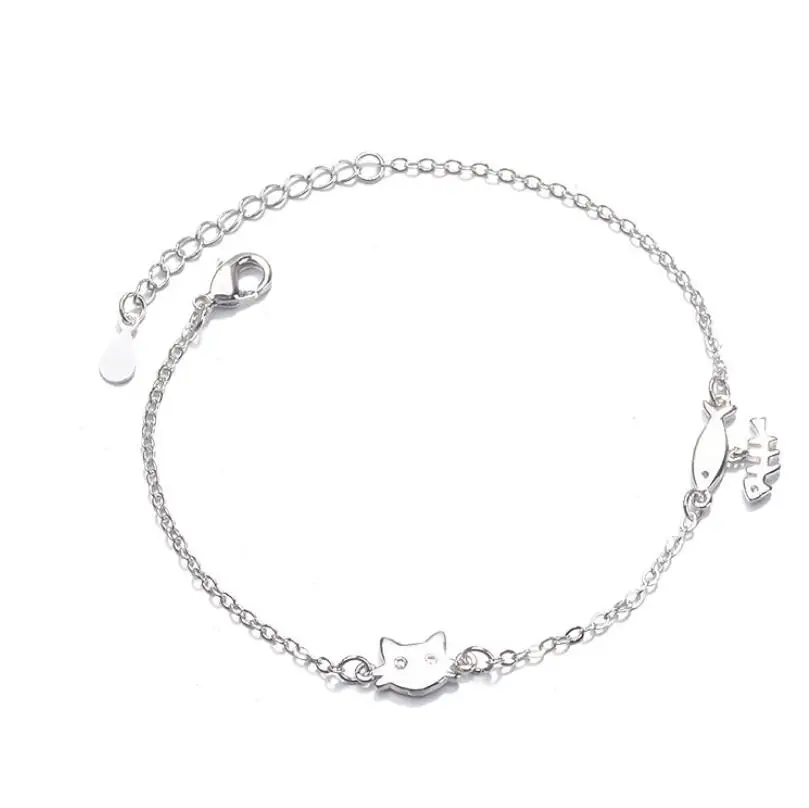 

Anenjery Simple Fashion Cut Cat Fish 925 Sterling Silver Bracelet For Women Girl Gift pulseira S-B170